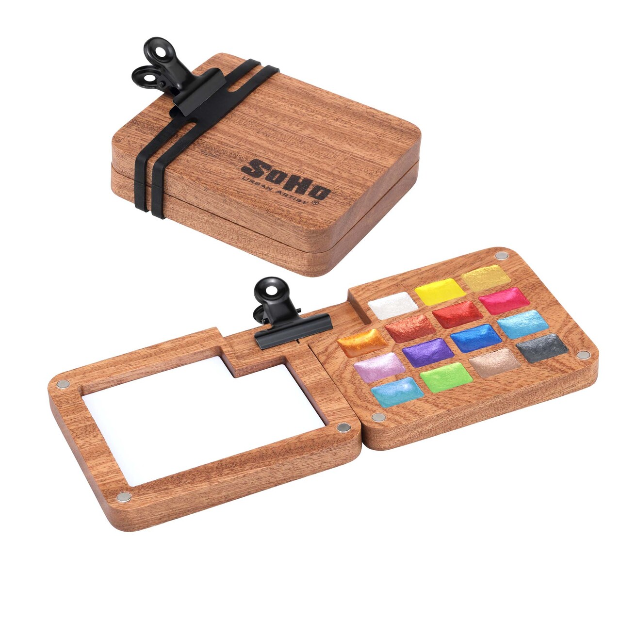 SoHo Urban Artist Mini Wooden Travel Watercolor Palette of 15 Metallic Colors - Professional Watercolor Paint Set for Plein Air Artists, Semi-Moist Pans, Pocket-Sized Magnetic Wood Case with Mixing Area